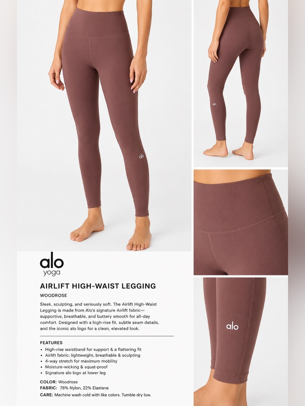Alo Yoga Airlift High-Waist Leggings | Woodrose Brown | Buttery Soft, size S
